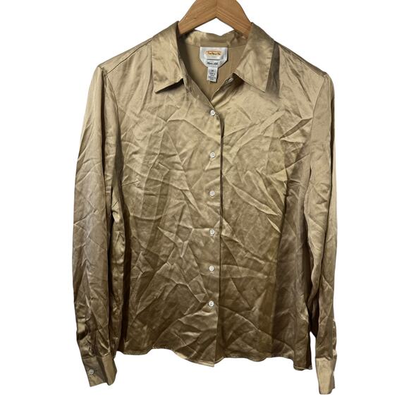 Talbots Top Women 12 Tan Pure Silk Button Up Long Sleeve Minimal Quite Luxury - Picture 1 of 6